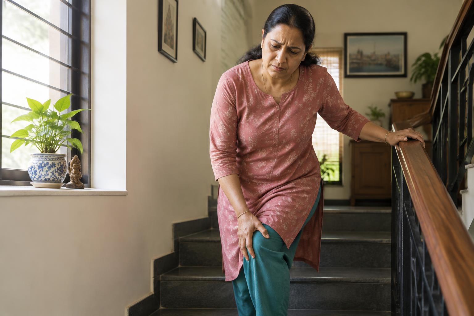 Woman pausing on stairs because of knee discomfort
